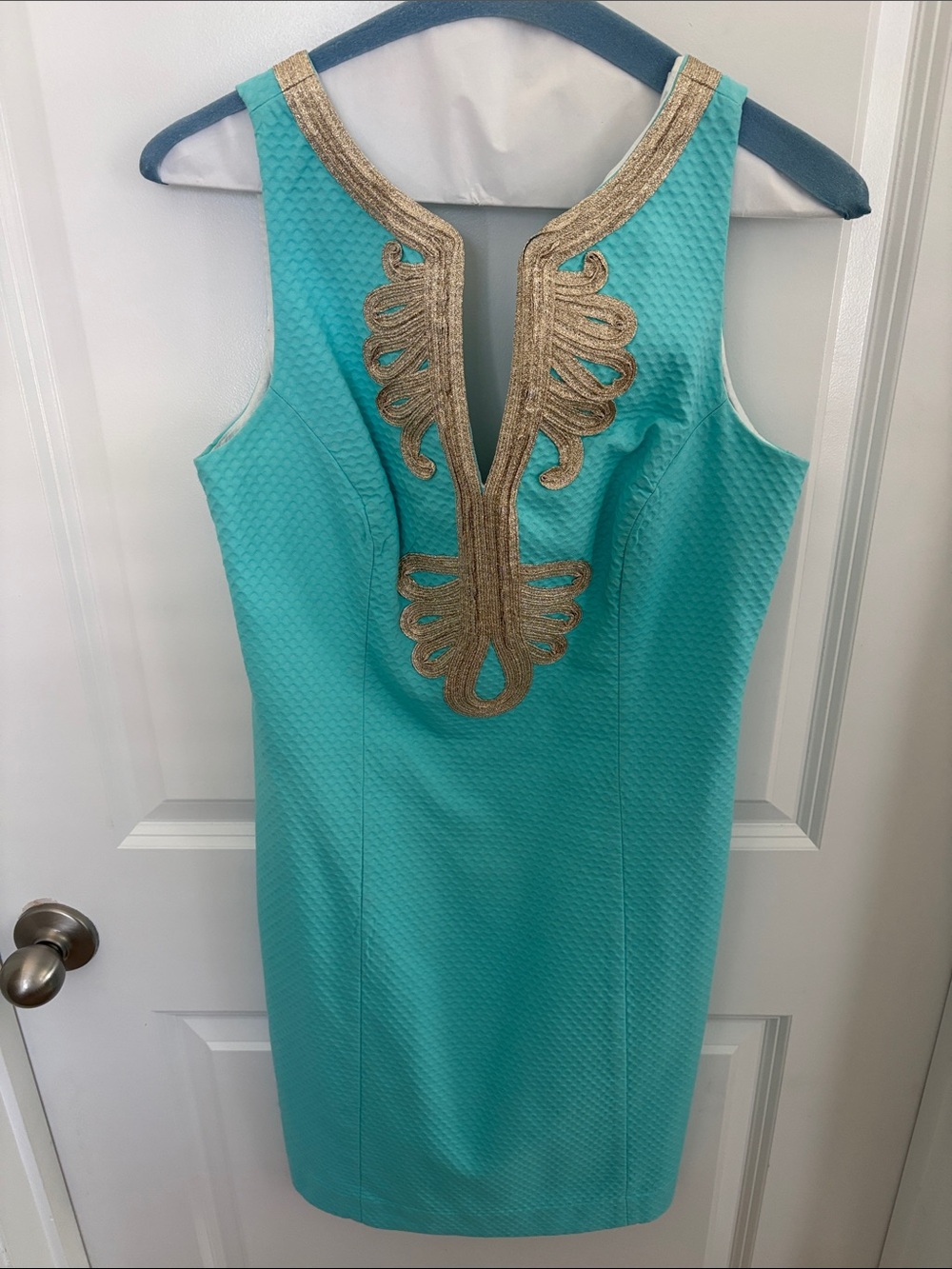 Lilly Pulitzer Turquoise Dress with Gold Embroidered Plunge Neckline